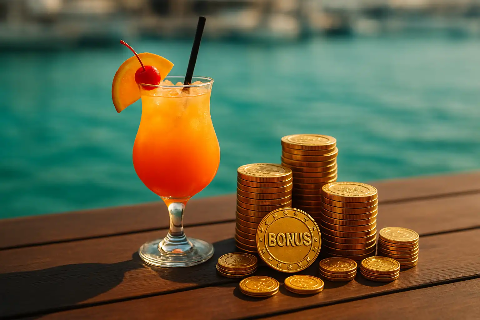 Golden bonus chips and coins stacked beside a marina cocktail glass