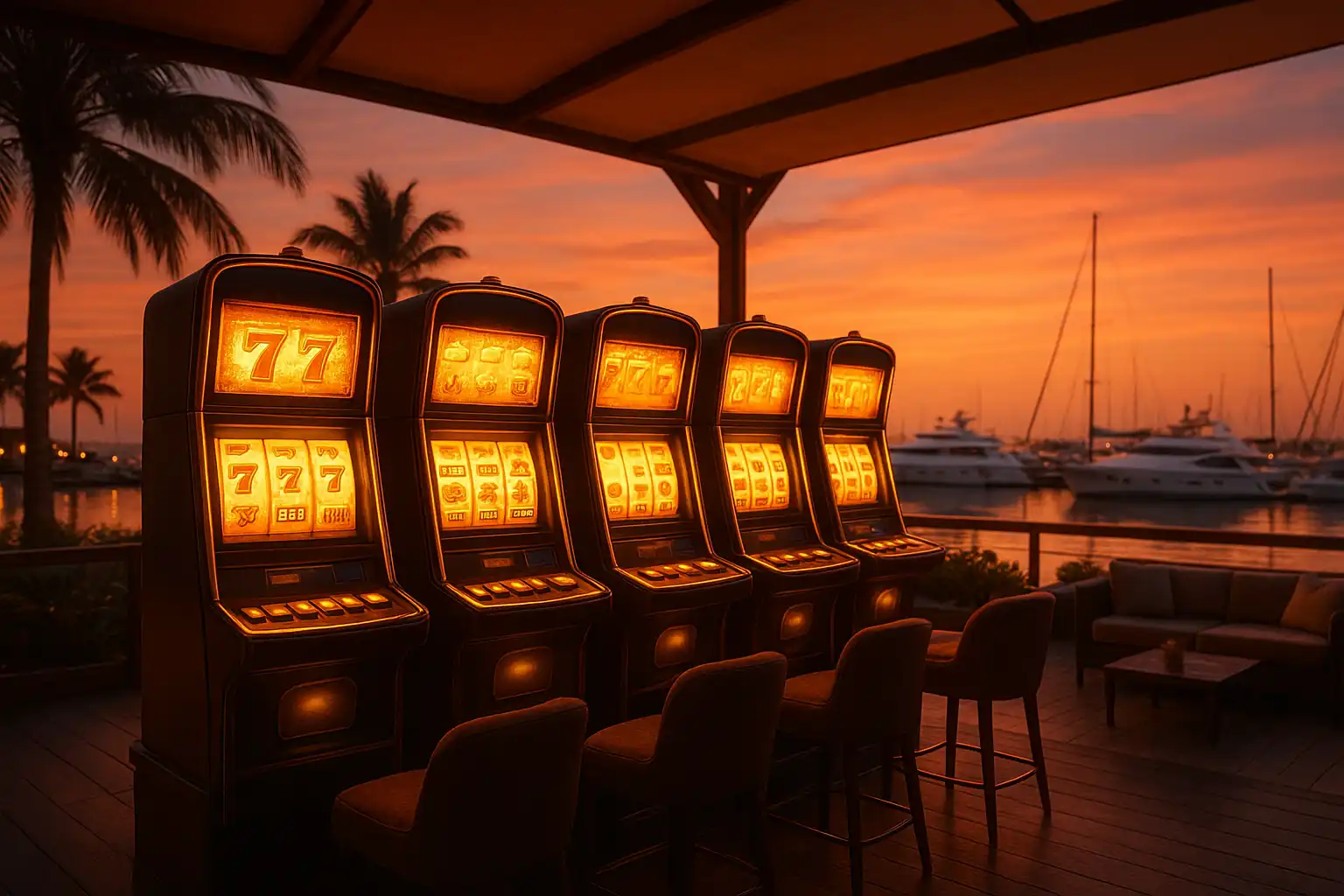 Row of slot machines glowing at the MySpinGo marina lounge during sunset