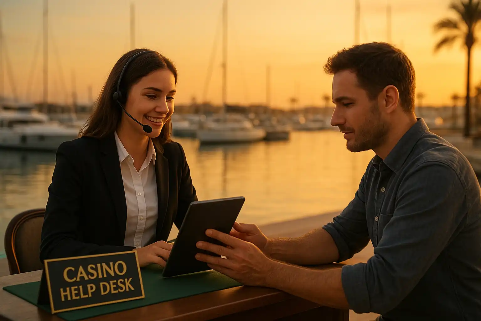 Support agent at a marina-side desk assisting a MySpinGo player